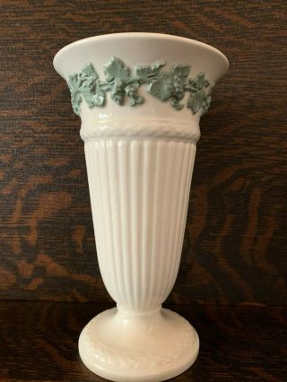 Rare Wedgwood Queensware Green On Cream Embossed Vase 6.  5 " Tall,  Cond.