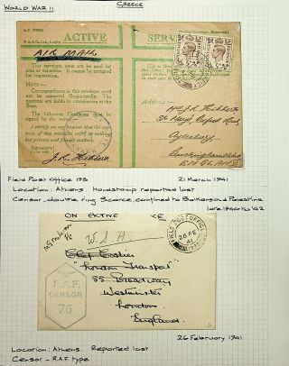 Gb World War Ii 2 Fpo Oas Covers From Greece 1 With Rare Double Ring