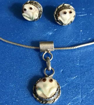 Zuni Ricky Laahty Quam Sterling Silver 925 Carved Frog Necklace Earring Set Rare