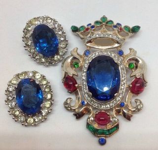 Trifari Alfred Philippe Sterling Heraldic Crown Crest Pin And Earrings - Rare Set