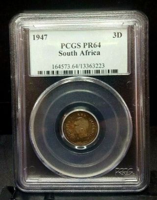 1947 South Africa Proof 3 Pence 3p Pcgs Pf64 Silver Rare 2,  600 Minted