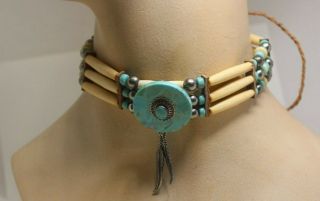 Vintage Rare Native American Turquoise.  Bone & Leather Choker Nacklace