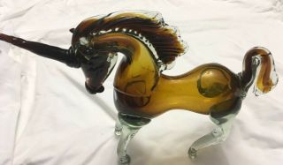 Rare Murano Style Hand Blown Unicorn Art Glass 10 1/2” Tall Clear Brown Tone