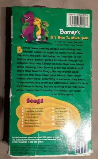 Rare Must Have Barney ' s It ' s To Meet You VHS Video Purple Dinosaur 3