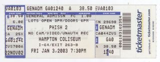 Rare Phish 1/3/03 Hampton Va Coliseum Concert Ticket