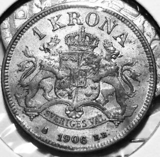 Rare 1906 - Eb Sweden Silver Krona Crown Coi Km 772; Low 496k Minted 1 Owner