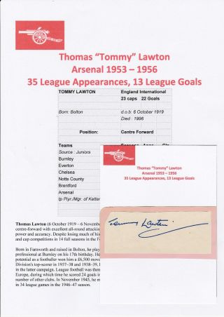 Tommy Lawton Arsenal 1953 - 1956 Rare Hand Signed Cutting/card