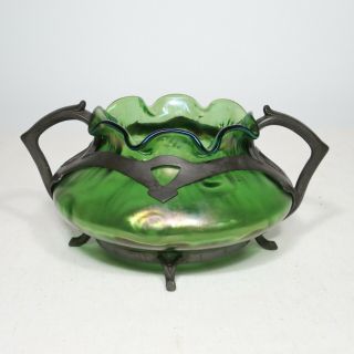 Rare Bohemian Loetz Iridescent Glass Art Nouveau W/pewter Vase Or Compote C1900