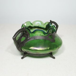 Rare Bohemian LOETZ Iridescent Glass Art Nouveau w/Pewter Vase or Compote c1900 2