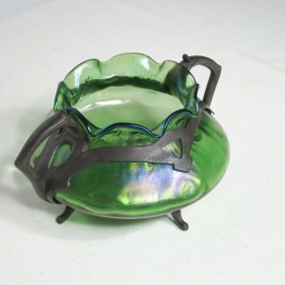 Rare Bohemian LOETZ Iridescent Glass Art Nouveau w/Pewter Vase or Compote c1900 7