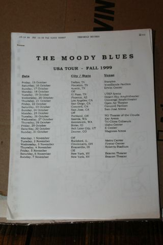 1999 The Moody Blues Tour Concert Itinerary Rare Usa Fall Justin Hayward