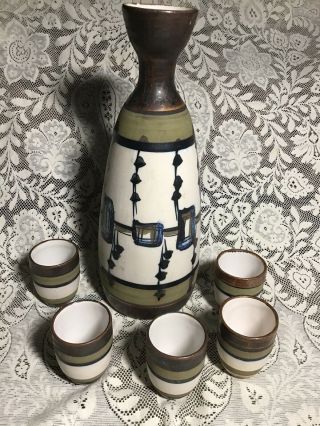 Vintage Mid Century Modern Rare Harsa Israel Handpainted Pottery Carafe And Cups
