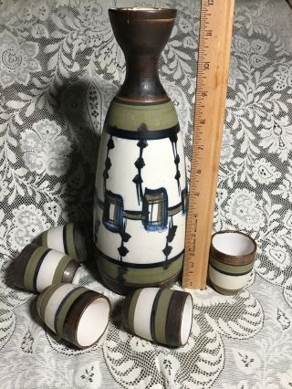 Vintage Mid Century Modern Rare Harsa Israel Handpainted Pottery Carafe And Cups 2