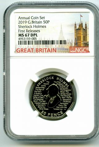 2019 Great Britain 50 Pence - Sherlock Holmes - Ms 67 Dpl Fr - Ngc Coin - Rare