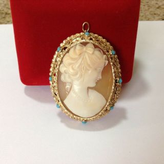 16.  7 Grams 14kt.  Gold & Turquoise 2 1/4 " Carved Cameo Rare Piece Signed Uj