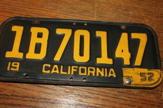 Rare 1951 Ca California Black License Plate,  Single,  1b70147 With 1952 Year Tab
