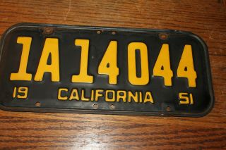 Rare 1951 Ca California Black License Plate,  Single,  1a 14044,  Fine Shape