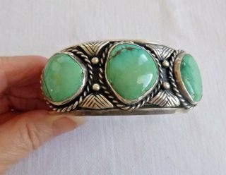Navajo Cuff Bracelet Rare Green Turquoise Sterling Silver Large Size 67.  7 Grm