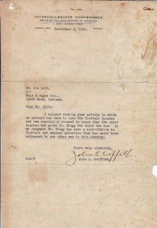 1st Big Ten Commish John L Griffith 1930 Typed Letter Signed D1944 Rare