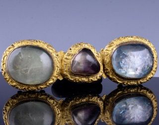 Fine & Rare 18/19thc Chinese Gold Gilt Bronze Blue Tourmaline Amethyst Belt Hook