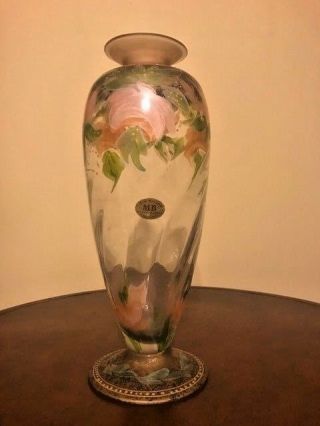 Rare Vintage Murano Hand Painted Glass Vase Mb Label Italy