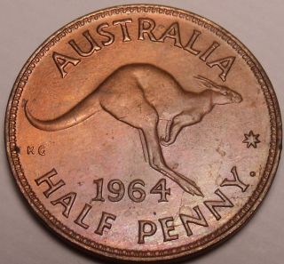 Rare Gem Unc Australia 1964 Half Penny Luster Kangaroo