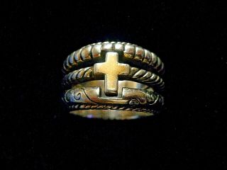 Rare Vintage Hand Crafted Ornate Sterling Silver Large Ring With Gf Cross Sz7.  5
