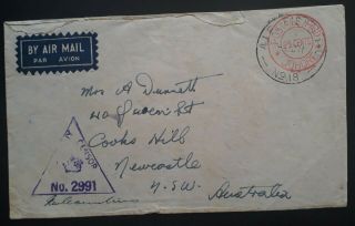 Rare 1941 Australia Censor Cover With Postage Paid Johore Cancel To Newcastle