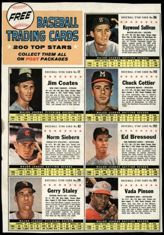 1961 Post Cereal Baseball Uncut Sheet Of 7 Cards " Very Rare "