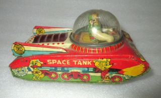 Vintage Old Rare Friction Power Fire Sparkling Space Tank Llitho Tin Toy Japan?