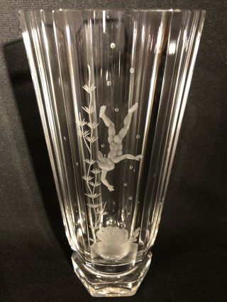 Rare Orrefors Crystal Vase W/ Engraved Nude Pearl Diver Signed By Nils Landberg