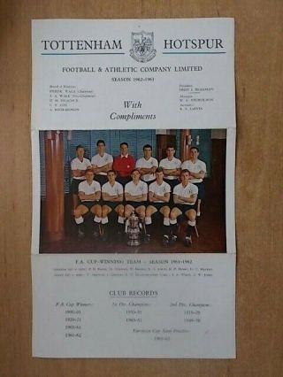 Tottenham Hotspur Rare Souvenir Autograph Sheet 1961 - 62 Fa Cup Winning Team