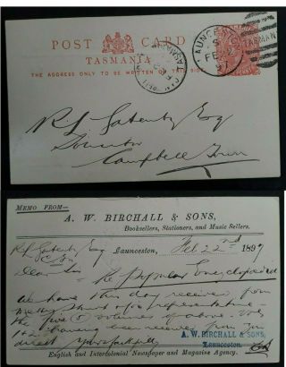 Rare 1897 Tasmania Australia 1d Rose Pre Printed Postcard A W Birchall & Sons