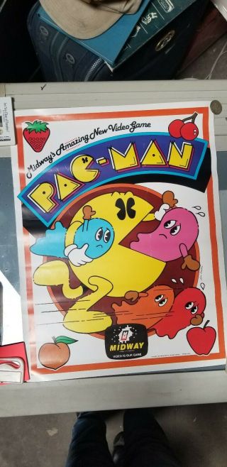 Pac - Man Poster Midway 1980 Arcade Video Game Rare Large Ghost Fruit Coin - Op