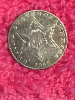 1858 3 Cent Silver Piece " Rare " Better Grade V.  F.  Plus