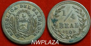 Rare Bronze 1909 El Salvador 1/4 Real Better Detail Dt825d