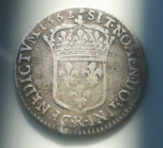 Rare Silver 1/12 Ecu 1662 R France Coin Louis Xiv