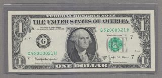 Fancy Middle Zeros Serial 92000021 Rare Barr $1 Note (gh)