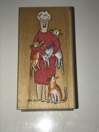 Gladys With Cats All Night Media 928g Wood,  Rubber Stamp Rare Janet Cleland