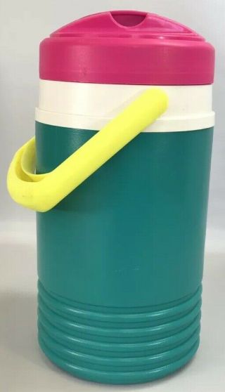 Vintage 1990s Igloo Drink Cooler Beverage Jug Bright Teal Pink Yellow 90’s Rare