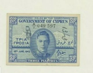 Cyprus 3 Piastres Banknote 1943 Kgvi Rare