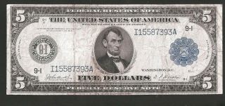Rare Minneapolis Burke/ Houston 1914 $5 Federal Reserve Note