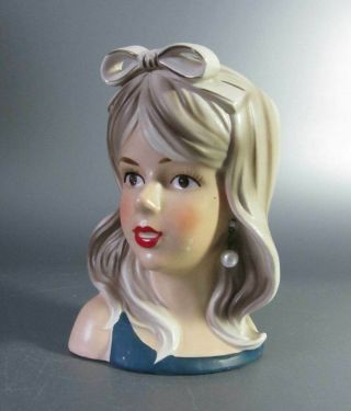 Vintage Relpo K1838 Young Woman Teen Blonde Hair Bow 5 3/4 " Lady Head Vase Rare