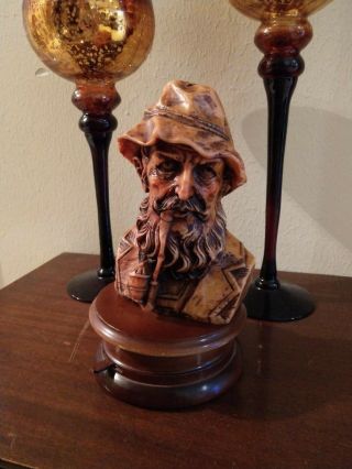 Vintage Reuge Swiss Movement Music Box Bust Edelweiss German Man Hat Pipe Rare