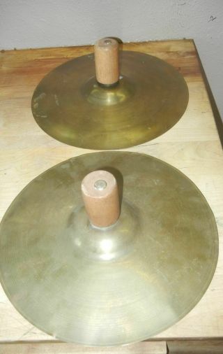Rare Pair Vintage Brass Marching Band Cymbals 13 Inch W/wood Handles