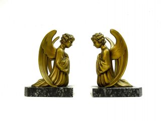 Very Rare Art Deco Angel Bookends Signed By Perina Bronze Marble 1930