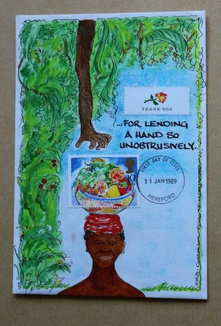 Greetings Bowl Of Fruit 1989 Rare Hand Painted Lending A Hand Unobtrusively Fdc