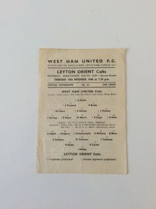 West Ham United Colts V Leyton Orient 10.  11.  1960 Rare One Pager Youth Cup 2nd Rd
