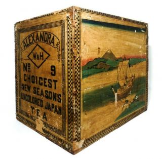 Rare 19th C Antique Alexandra W & H Lg.  Japan Tea Box Crate,  W/four Paper Labels