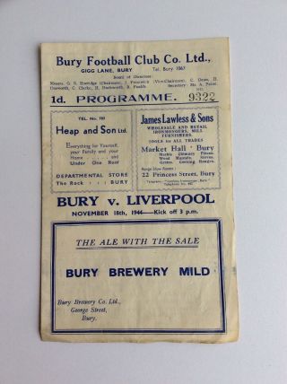 Bury V.  Liverpool Football Programme 1944 Rare